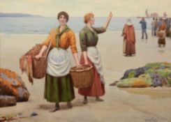 Ralph Todd (1856 - 1932) - Fisher girls, Newlyn Watercolour, over pencil, hightened with white