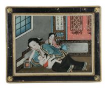 A pair of unusual Chinese reverse glass paintings of ladies breastfeeding...  A pair of unusual