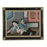 A pair of unusual Chinese reverse glass paintings of ladies breastfeeding...  A pair of unusual