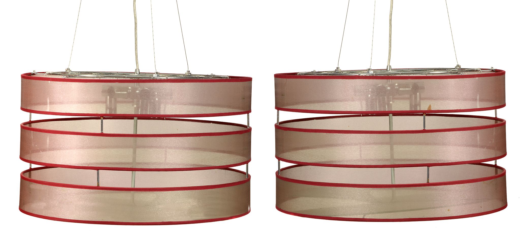 A pair of modern plated metal, fabric and glass cylindrical hanging ceiling...  A pair of modern