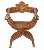 A bone inlaid hardwoood Savonarola style chair , early 20th century  A bone inlaid hardwoood