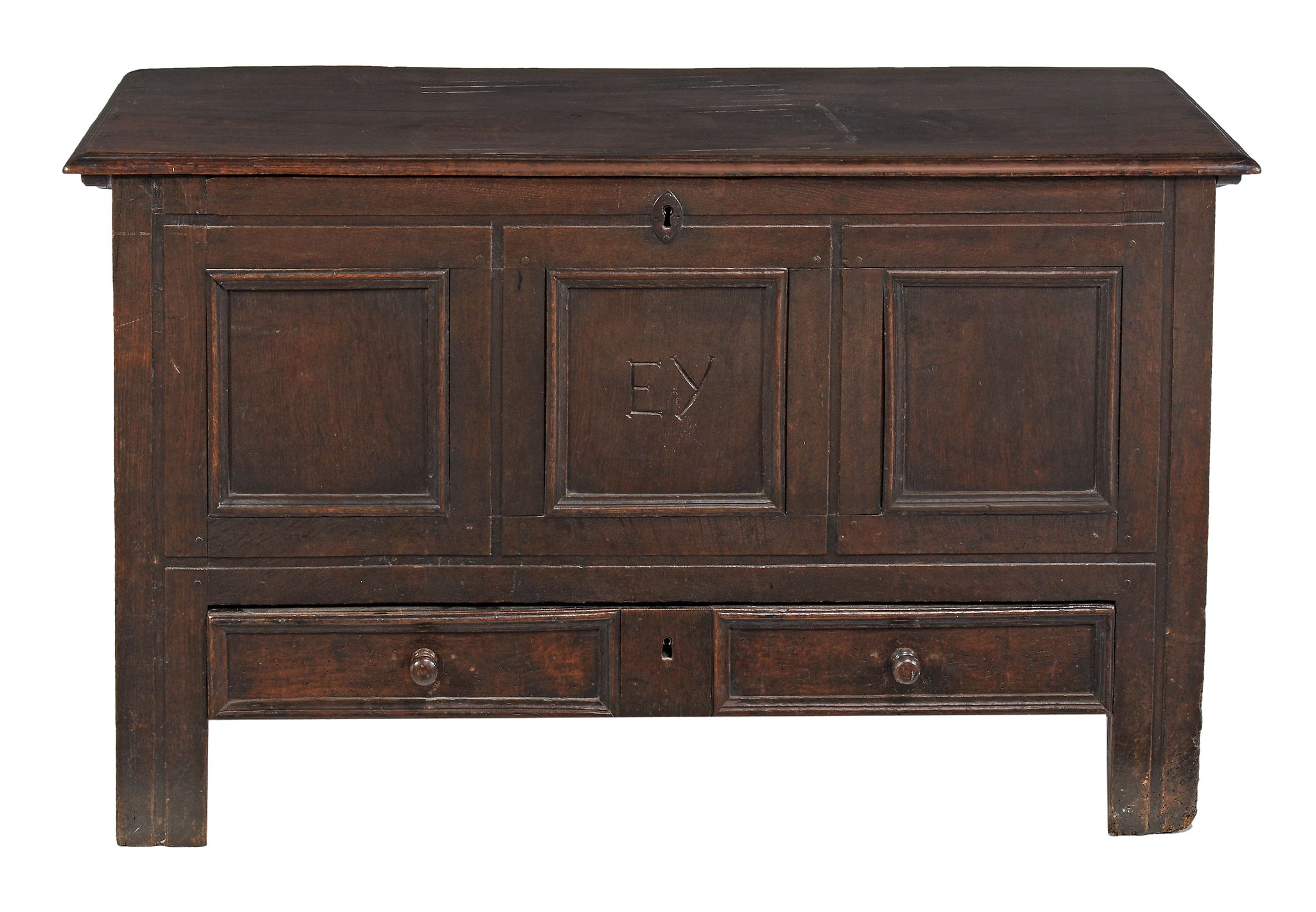 A George II panelled oak mule chest, circa 1740  A George II panelled oak mule chest,   circa