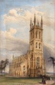 English School (19th Century) - Parish church with the congregation departing, Watercolour, pen