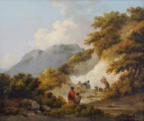 George Morland (1763-1804) - A mother and child watching workman in a quarry Oil on panel Signed