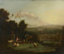 Italian School (19th Century) - Pastoral scene, with fountains and a Tuscan villa beyond Oil on