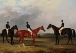 John Dalby (1810-1865) - A chestnut and two bay racehorses belonging to John Bowes with jockeys up