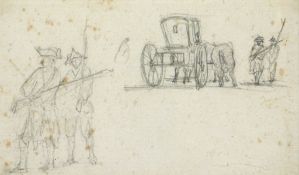 William Marlow (1740 - 1813) - Studies of French soldiers and a horse and carriage Pencil, on laid