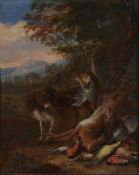 Adriaen de Gryef (1670-1715) - A hunting still life with a spaniel watching a bag of hare and