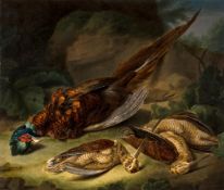 Stephen Elmer (1717-1796) - A dead pheasant, and three woodcocks, in a woodland clearing Oil on