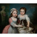 English School (Circa 1800) - Portrait of two girls and a spaniel Oil on canvas 63 x 76.5 cm. (24