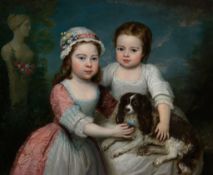 English School (Circa 1800) - Portrait of two girls and a spaniel Oil on canvas 63 x 76.5 cm. (24