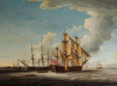 John Cleveley the Elder (1712-1777) - Two 32-gun Frigates receiving their Captains Oil on canvas