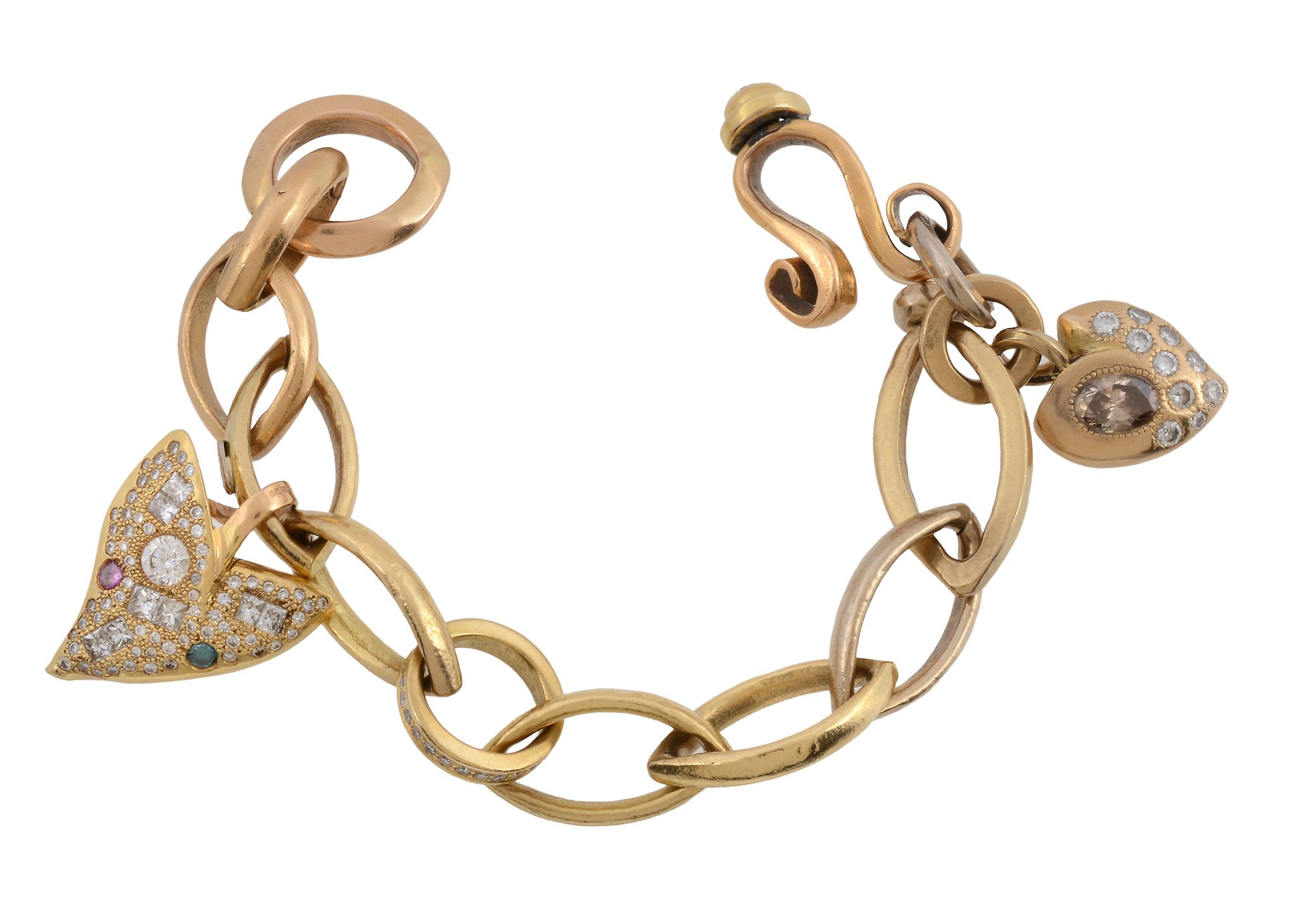 A 22 carat and 18 carat gold diamond and gem set charm bracelet by Tom McEwan  A 22 carat and 18