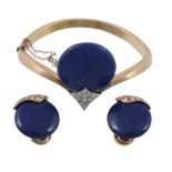 A lapis lazuli and diamond bangle and a pair of ear clips  A lapis lazuli and diamond bangle and a