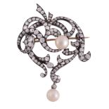 A late 19th century natural pearl and diamond brooch , circa 1880  A late 19th century natural pearl