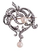A late 19th century natural pearl and diamond brooch , circa 1880  A late 19th century natural pearl