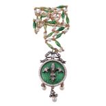 A late Victorian diamond and pearl enamelled pendant on chain, circa 1900  A late Victorian