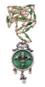 A late Victorian diamond and pearl enamelled pendant on chain, circa 1900  A late Victorian