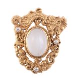 A moonstone and diamond brooch, the central oval cabochon moonstone within a...  A moonstone and