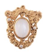 A moonstone and diamond brooch, the central oval cabochon moonstone within a...  A moonstone and