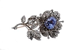 A 19th century sapphire and diamond flower brooch, circa 1870 , the stem  A 19th century sapphire