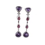 A pair of amethyst and pink tourmaline ear pendents  A pair of amethyst and pink tourmaline ear