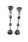 A pair of amethyst and pink tourmaline ear pendents  A pair of amethyst and pink tourmaline ear