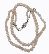 A natural pearl necklace , the ninety two graduated pearls measuring 3.3mm to 5  A natural pearl