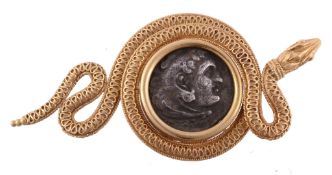 A 19th century gold and ancient coin and snake brooch, circa 1870  A 19th century gold and ancient
