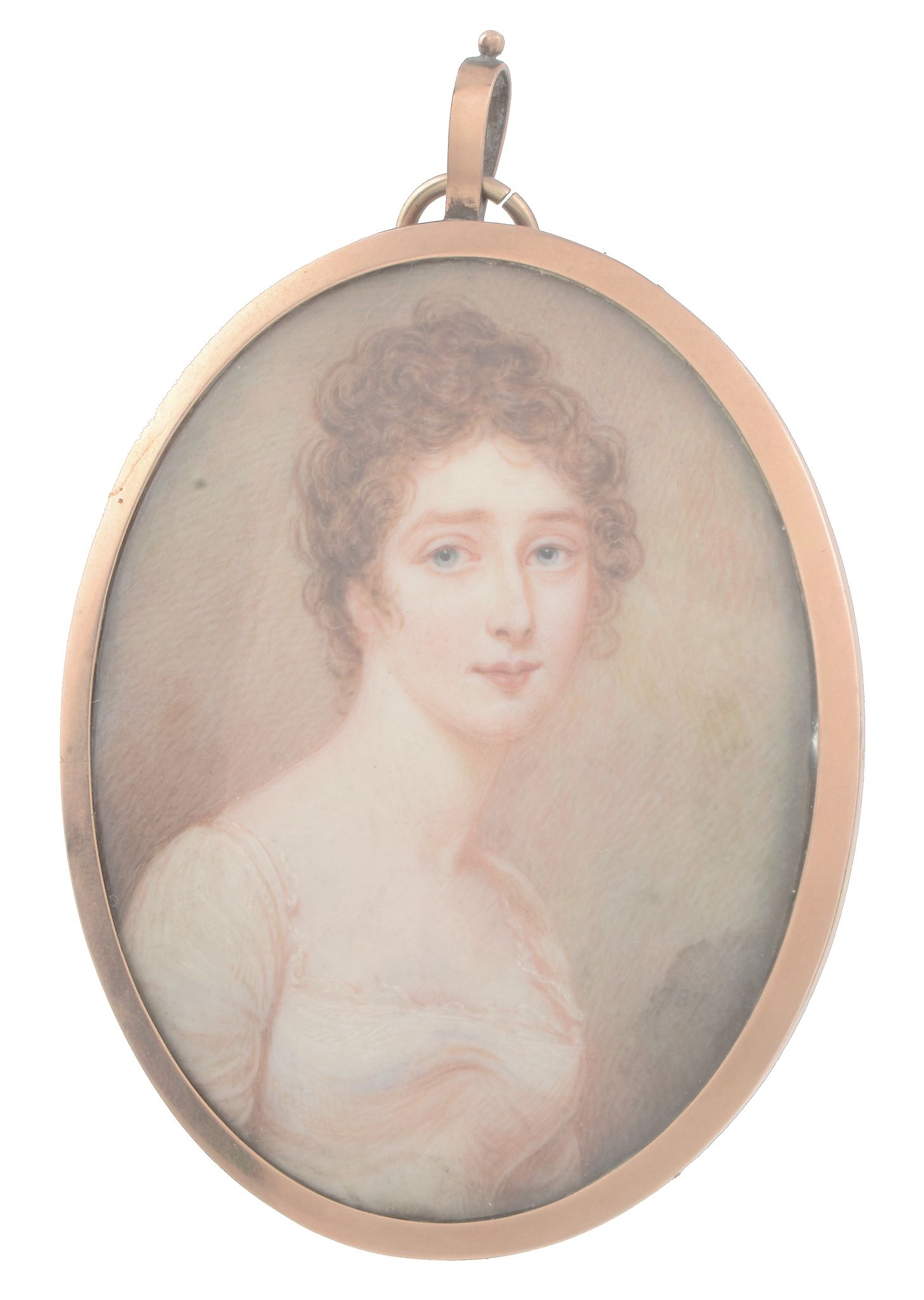 Diana Hill Portrait of a lady, in a plain white dress Watercolour on ivory...  Diana Hill (fl.