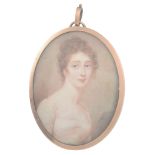 Diana Hill Portrait of a lady, in a plain white dress Watercolour on ivory...  Diana Hill (fl.