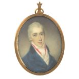 Samuel Shelley Portrait of a gentleman in a blue coat and red neck ribbon...  Samuel Shelley (1750-
