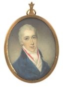 Samuel Shelley Portrait of a gentleman in a blue coat and red neck ribbon...  Samuel Shelley (1750-