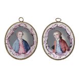 A pair of London enamel oval portrait plaques, circa 1760  A pair of London enamel oval portrait