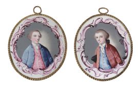 A pair of London enamel oval portrait plaques, circa 1760  A pair of London enamel oval portrait