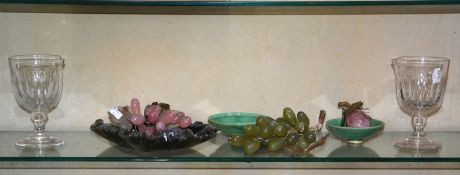 A soapstone leaf shaped dish, a pair of green glazed dishes, two clear glass lipped cups and glass