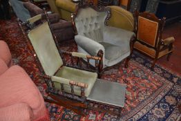 A Victorian mahogany and button upholstered low chair with a footstool & a turned wood rocking