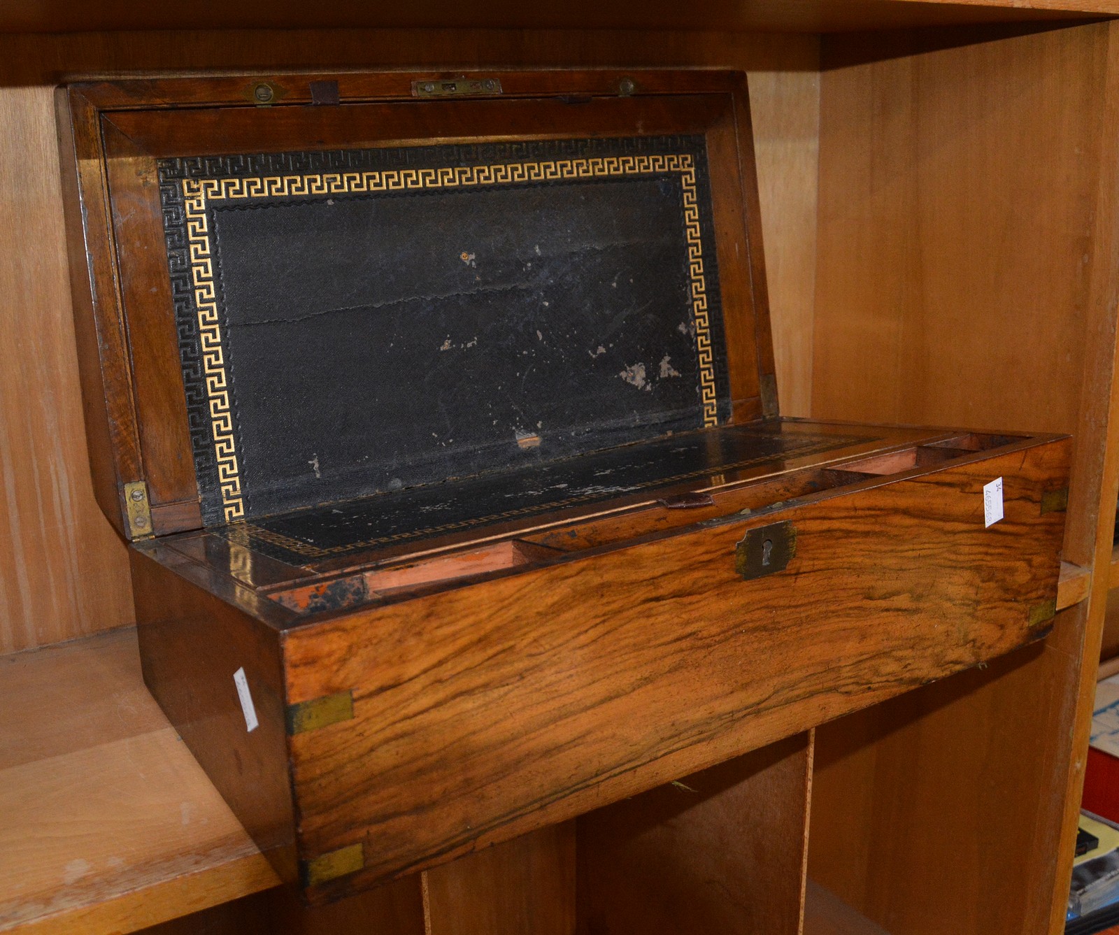 A 19th century walnut writing slope, brass inlay and escutcheon, hinged lid, 50cm wide - Image 2 of 2