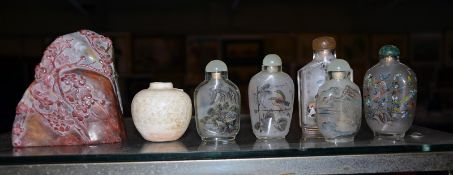 Five 20th Century Chinese scent bottles with stoppers, a soapstone carving and a miniature vase -7