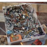A box of painted and unpainted die cast and lead soldiers, horses and militaria, etc