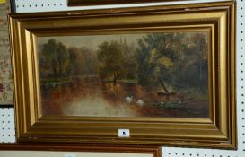 British (Early 20th Century) Swans on a river Oil on canvas Signed indistinctly lower right 22cm x