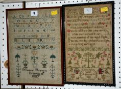 Two George III alphabet samplers, one by Margaret Hemment, December 28th 1807, 32cm x 24.5cm and the
