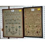 Two George III alphabet samplers, one by Margaret Hemment, December 28th 1807, 32cm x 24.5cm and the