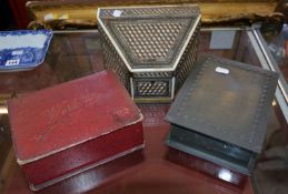 An Indian Sadeli stationary box, a pewter workbox (hinge broken) and another workbox -3