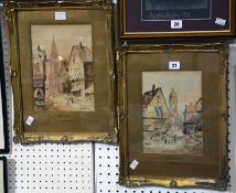 E. Schafer (Late 19th Century) Market scene, Périgueux; Street view, Senlis Watercolour, a pair