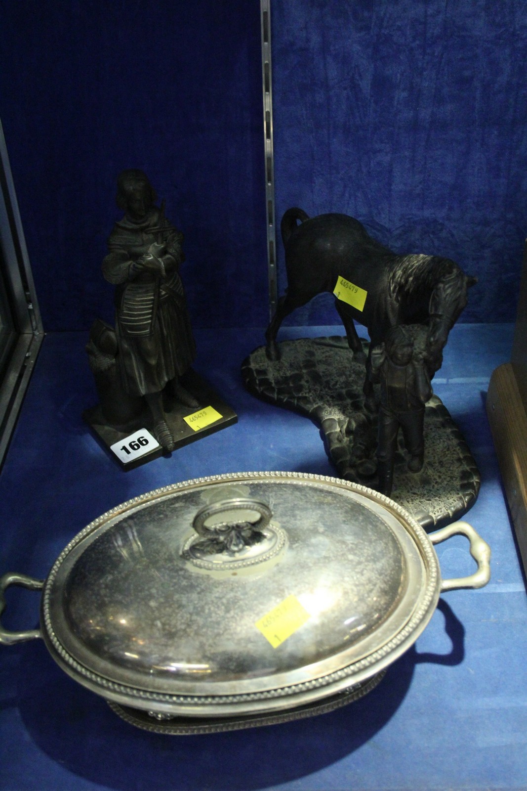 A 19th Century Bronze Joan of Arc, 21cm high, a bronzed sculpture of famer with horse and plated