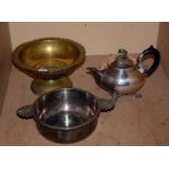A Christofle electroplated teapot, a silverplated two handled bowl and another bowl on stand (3).