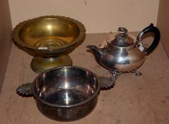 A Christofle electroplated teapot, a silverplated two handled bowl and another bowl on stand (3).