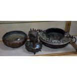An Arts and Crafts style copper two-handled bowl, another bowl and an incense burner -3