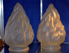 A pair of Continental wall lights, gilt painted, with frosted flame shaped glass shades, 65cm